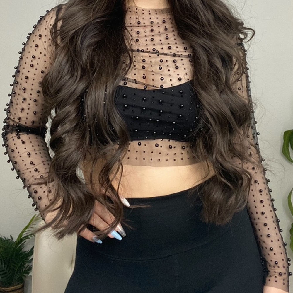 Black mesh pearl long sleeve crop top